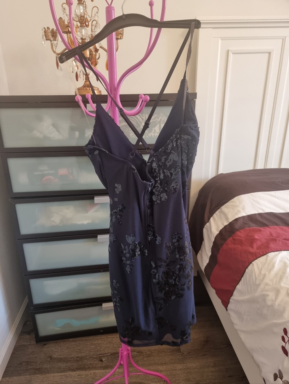 Navy Floral Lace Slip Dress with Crisscross Back